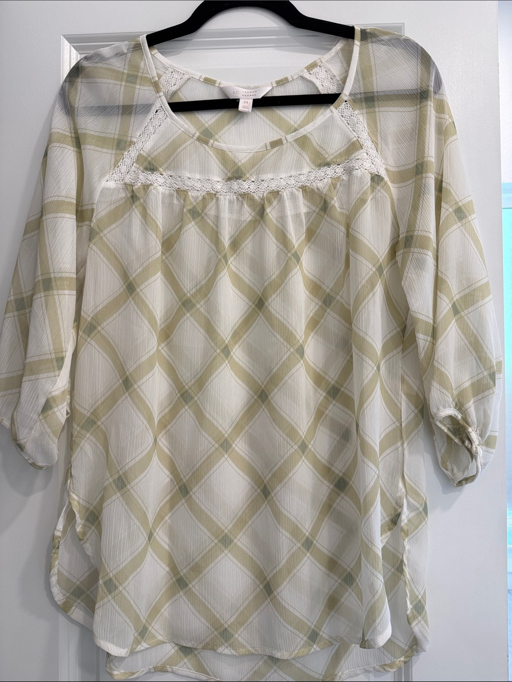 LC Lauren Conrad Cream & Olive Plaid Lace-Trim Tunic